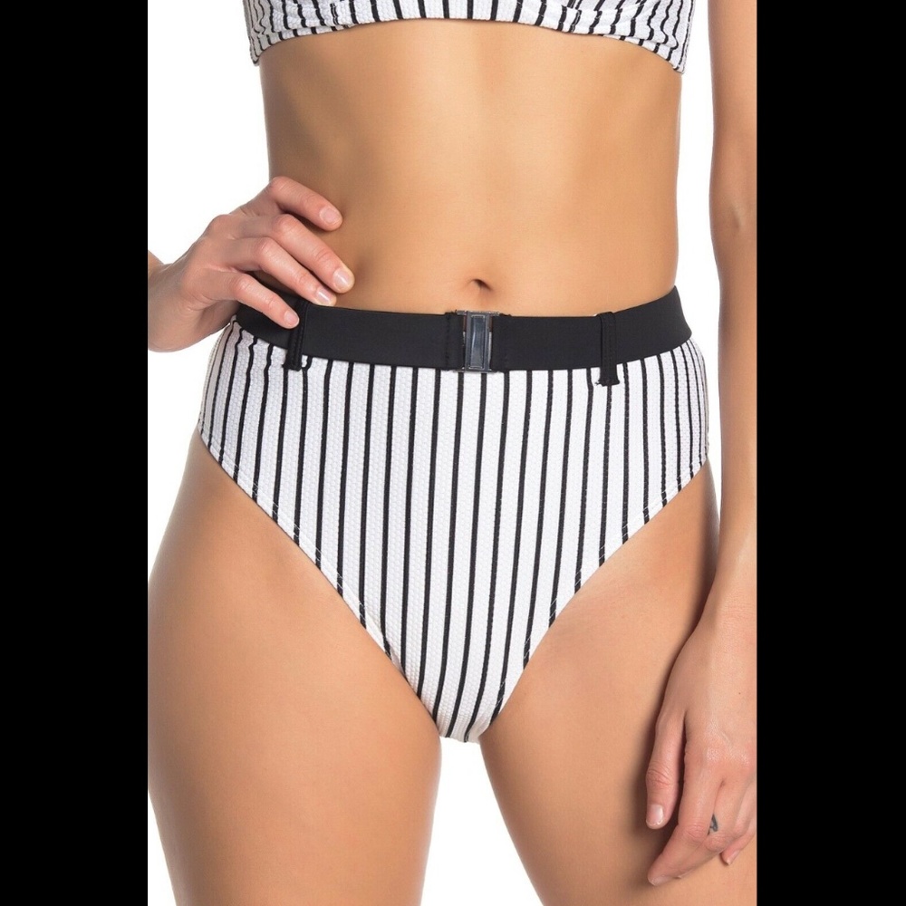 NEW Rachel Roy Pique Striped High Waisted Bikini Bottoms [ Medium‎ ]